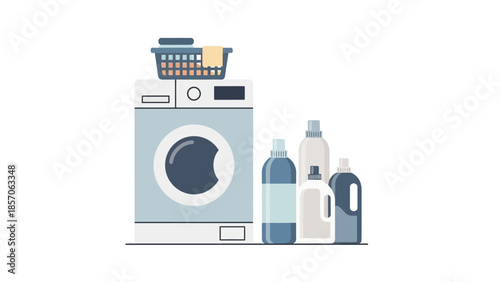 Clean vector illustration of a modern washing machine, a full laundry basket, and various colorful detergent and fabric softener bottles, perfect for depicting efficient home cleaning