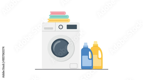 Illustration of a front-loading washing machine with laundry detergent bottles and folded clothes stacked on top