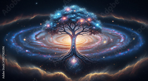 Enchanting Cosmic Realm Luminous Crystal Islands Floating Amidst a Vibrant Galaxy, Revealing a Mysterious Fantasy Landscape with Ancient Gateways