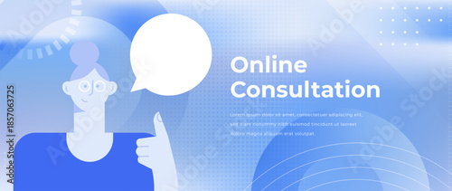 Portrait of a young friendly healthcare assistant offering advice on light blue gradient background. Nurse, healthcare or medical worker with white speech bubble. Abstract simple vector illustration