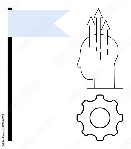 Leadership concept. Leadership ed through flag, head, and gear symbols indicating progress, innovative thinking, and goal-setting. Leadership promotes direction, ideas and solutions. Ideal