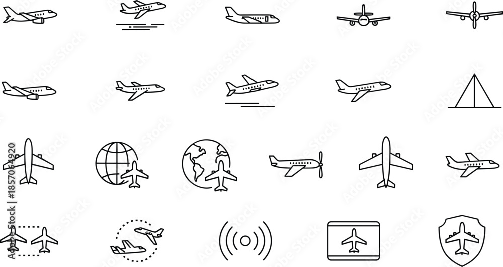 Fototapeta premium Airplane and aviation icon set showing aircraft flight takeoff landing global air travel transportation symbols collection