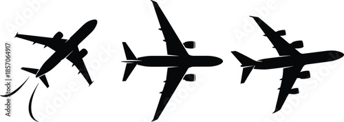 Airplane silhouette icon set showing commercial aircraft flying from top view representing air travel aviation transportation concept