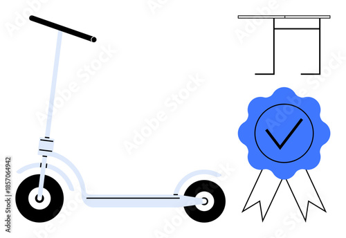 Urban commuting, eco-friendly transport, blueprint design, certification, product development, sustainability. Electric scooter with a blueprint and a checkmark badge. Urban commuting