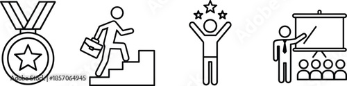 Business success and achievement icon set showing award career growth motivation presentation leadership performance illustration