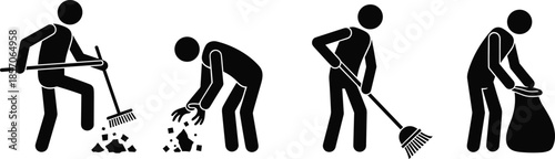 Cleaning service workers icon set showing sweeping collecting waste housekeeping sanitation teamwork maintenance process illustration isolated design