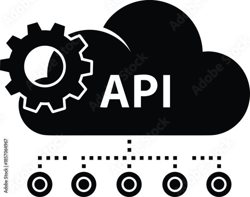 Cloud API integration icon with gear, software connection concept, data service architecture, web development technology vector illustration