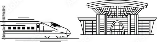 High speed train arriving at modern railway station, public transportation travel concept, urban rail transit, line vector illustration