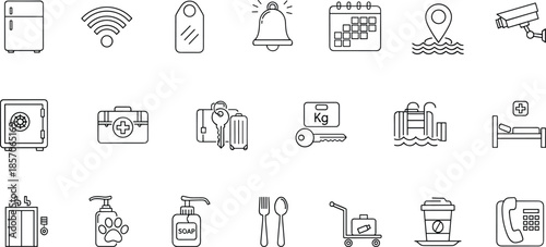 Hotel service and hospitality icon set showing amenities security booking travel facilities customer service illustration collection
