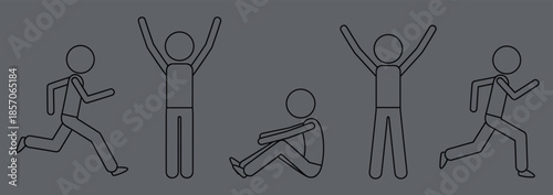 Human activity pictogram icon set showing running jumping sitting exercising movement actions minimal people illustration design