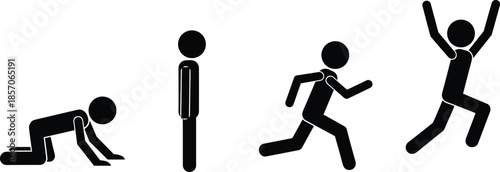 Human movement evolution icon set showing crawling standing running jumping actions physical activity progress silhouette illustration