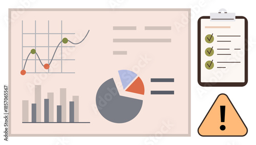 Bar graph, line chart, pie chart, checklist, warning sign emphasize analysis, evaluation, and alertness. Ideal for business, reporting analytics planning risk management strategy simple flat