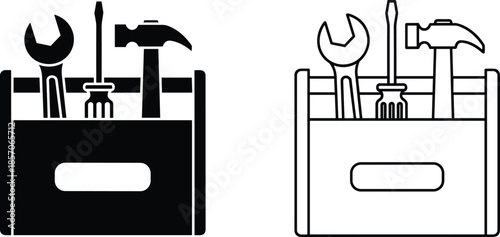 Toolbox repair and maintenance icon set showing wrench screwdriver hammer tools for mechanic service workshop illustration