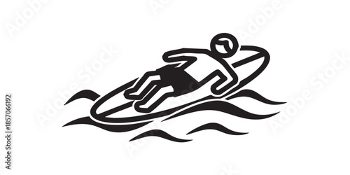 Man on raft floating in water solid icon, summer sports concept. Vector graphics. Surfboard with man and sea waves sign on white background, style icon mobile or web design
