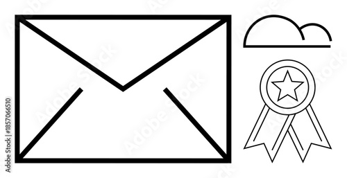Communication, recognition, data storage, email services, achievement, cloud computing. Black and white envelope, cloud and award with star emblem. Communication and recognition concept