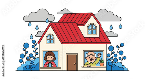 A cartoon house with a red roof and two people looking out the windows on a rainy day with flooding.