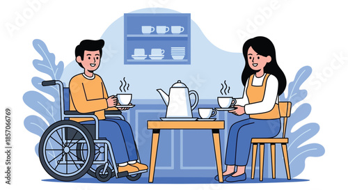 Illustration of a man in a wheelchair and a woman sitting at a table drinking tea in a kitchen with a warm and inviting atmosphere.