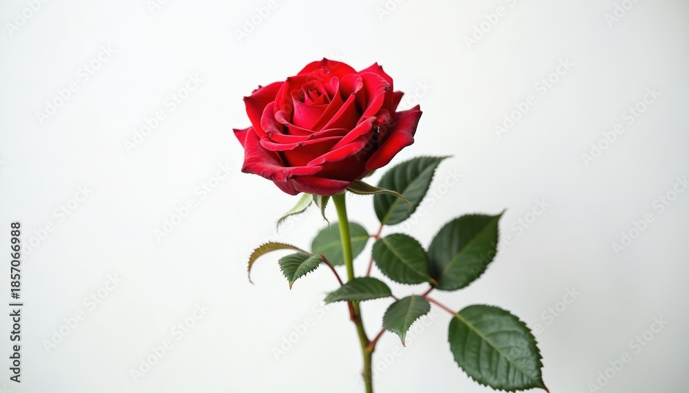 Fototapeta premium Single red rose with green leaves on white background. Symbol of love and romance. Perfect for cards, invitations, or floral design. A beautiful gift for someone special. Elegant and simple.