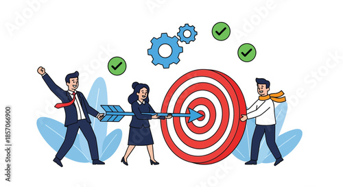 Illustration of three business professionals working together to hit a target with a dart, surrounded by gears and checkmarks on a white background with blue leaves.