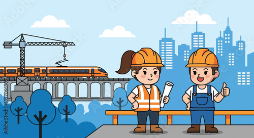 Two cartoon construction workers standing on a platform with a cityscape and building site in the background with a sunny mood.