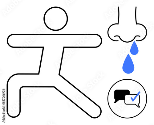 Stick figure in a yoga pose, nose with dripping drops, and icons of communication with a check mark. Ideal for health tips, fitness, wellness, lifestyle, allergies, self-care and social awareness