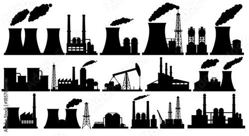 Black silhouette vector set of industrial factory buildings, oil rigs, and power plants, representing energy production and pollution concepts,