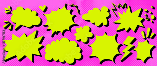 Pop art comic speech bubbles on vibrant pink halftone backdrop. Blank dynamic frames with impact effects, starbursts and action lines. Editable empty bubbles for manga, memes and creative designs