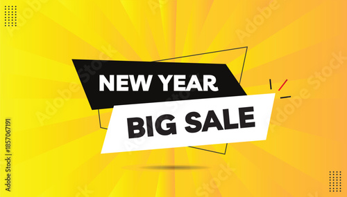 New year big sale editable sticker icon label eps format banner template design with black white shapes white bold font yellow orange abstract hot gradient background
