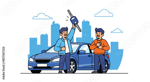 Two men standing next to a blue car with one man holding up a car part in a cityscape background with a flat, illustrative style and a mix of cool, calming blue and orange tones.