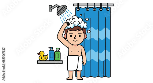 A cartoon boy in a white towel standing under a showerhead with shampoo in his hair, beside a shelf with bath products and a blue shower curtain, in a bathroom setting with a playful mood.