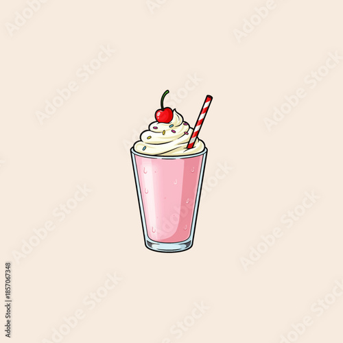 illustration of a glass of milkshake with whipped cream and straw icon flat vector design.