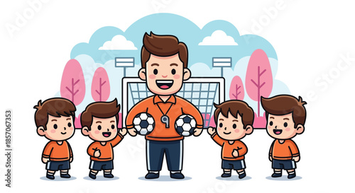 Cartoon illustration of a smiling man holding two soccer balls surrounded by four boys in orange shirts on a colorful soccer field with pink trees and a goal in the background.