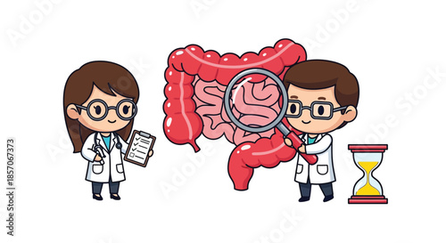 Two cartoon medical professionals examining the human intestines with a magnifying glass and clipboard on a white background with a focus on digestive health.
