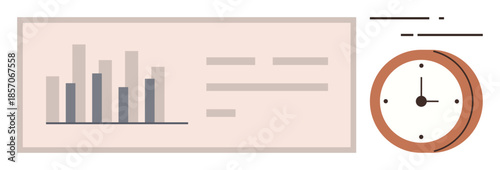 Bar graph with data bars on a rectangular panel next to an analog clock. Ideal for analytics, productivity, time tracking, planning, performance, business strategy, simple flat metaphor
