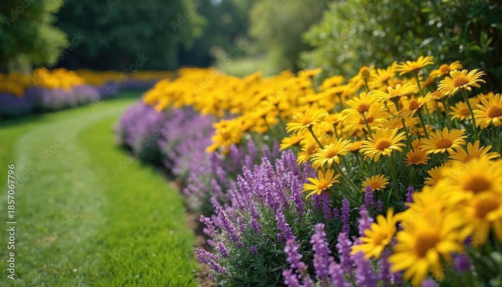 Obraz premium Bright yellow daisies and purple lavender border a winding garden path. Lush green grass curves around flower beds. Trees and foliage form a verdant backdrop.
