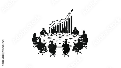 Business team meeting around conference table with rising graph