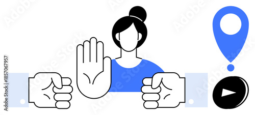 Conflict resolution, personal boundaries, communication, social issues, teamwork, conflict management. Female figure raising a hand to stop, fists location pin and play button. Conflict resolution