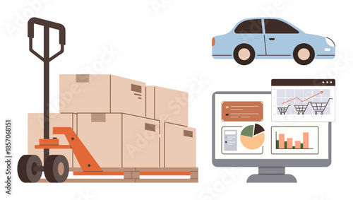 Hand truck with boxes, computer showing graphs and sales charts, and delivery car. Ideal for e-commerce, logistics, supply chain, online shopping, delivery service analytics sales. Simple flat