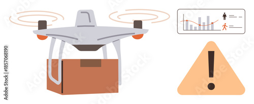 quadcopter delivering package with propellers spinning, analytics dashboard with graph, and warning alert indicator. Ideal for technology, logistics, automation, safety, delivery services