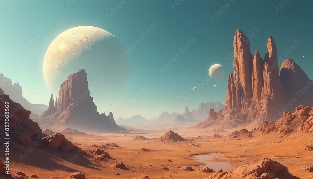 Fototapeta premium Vast alien desert with towering rock formations under a dual moon sky. Orange sand plains stretch to distant hazy mountains. Other moons and small spheres float serenely.