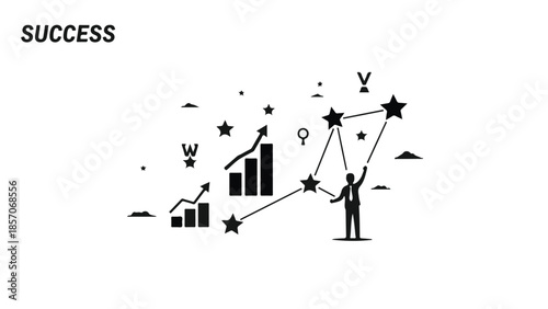 Businessman achieving success with growing graph and starry goals