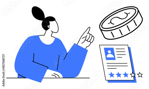 Woman gestures towards a coin and a profile with stars, symbolizing investment, evaluation, or progress. Ideal for finance, recruitment, feedback, decision-making, leadership personal growth simple