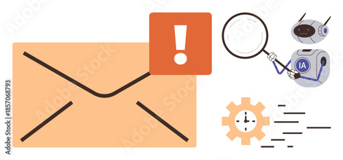 Envelope with warning sign, robotic assistant holding magnifying glass, clock gear for time efficiency. Ideal for AI monitoring, email tracking, workflow, digital alerts, automation, error detection