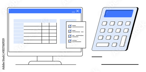 Financial planning, data management, accounting, productivity tools, business operations, office work. A computer with a spreadsheet and a calculator. Financial planning and data management concept
