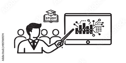 Lecturer with pointer and video solid icon, osint analytics concept. Vector graphics. Teacher man with audience, study sign on white background, style icon mobile or web design