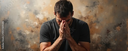 Man looks down, clasps hands together in front of face. He appears stressed or deep in thought. Abstract textured background adds artistic mood to this image.
