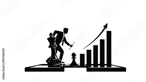 Businessman climbing up graph with chess pieces