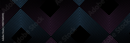 Abstract dark futuristic technology banner background. Glowing pink and blue arrow lines graphic design. Modern geometric lines pattern. Suit for cover, poster, banner, brochure, presentation, website