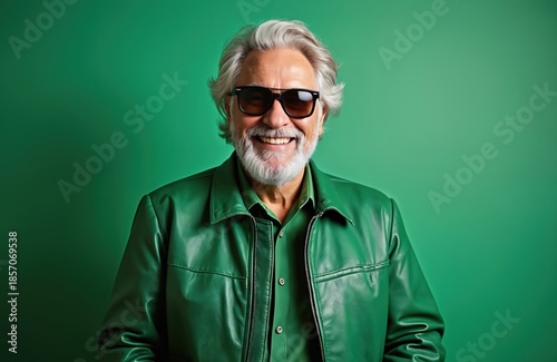 Smiling mature man with grey hair and beard wears green leather jacket and sunglasses. He poses in studio against green backdrop. Confident male model looks at camera.