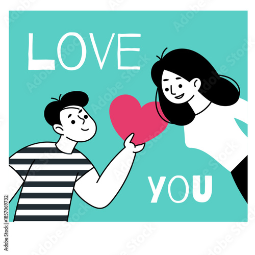 Valentines day card. Romantic looking couple young man and woman. Best for greeting cards, backgrounds, web banners, social media banners, marketing. Vector illustration.
